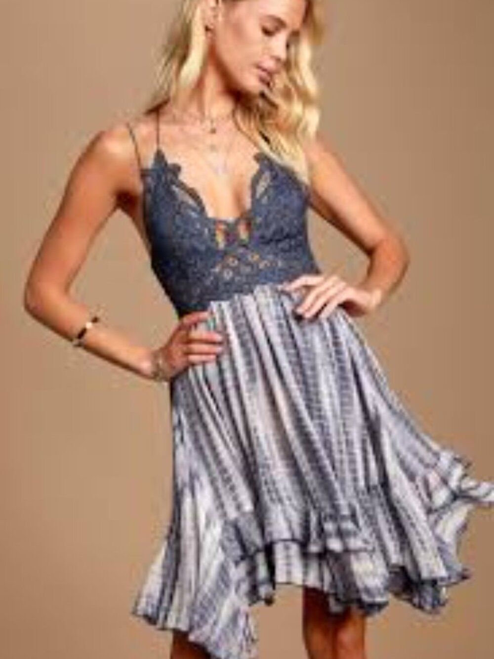 Free People FP One Purple Crochet Lace Tie Dye Ruffle Hem Boho Dress